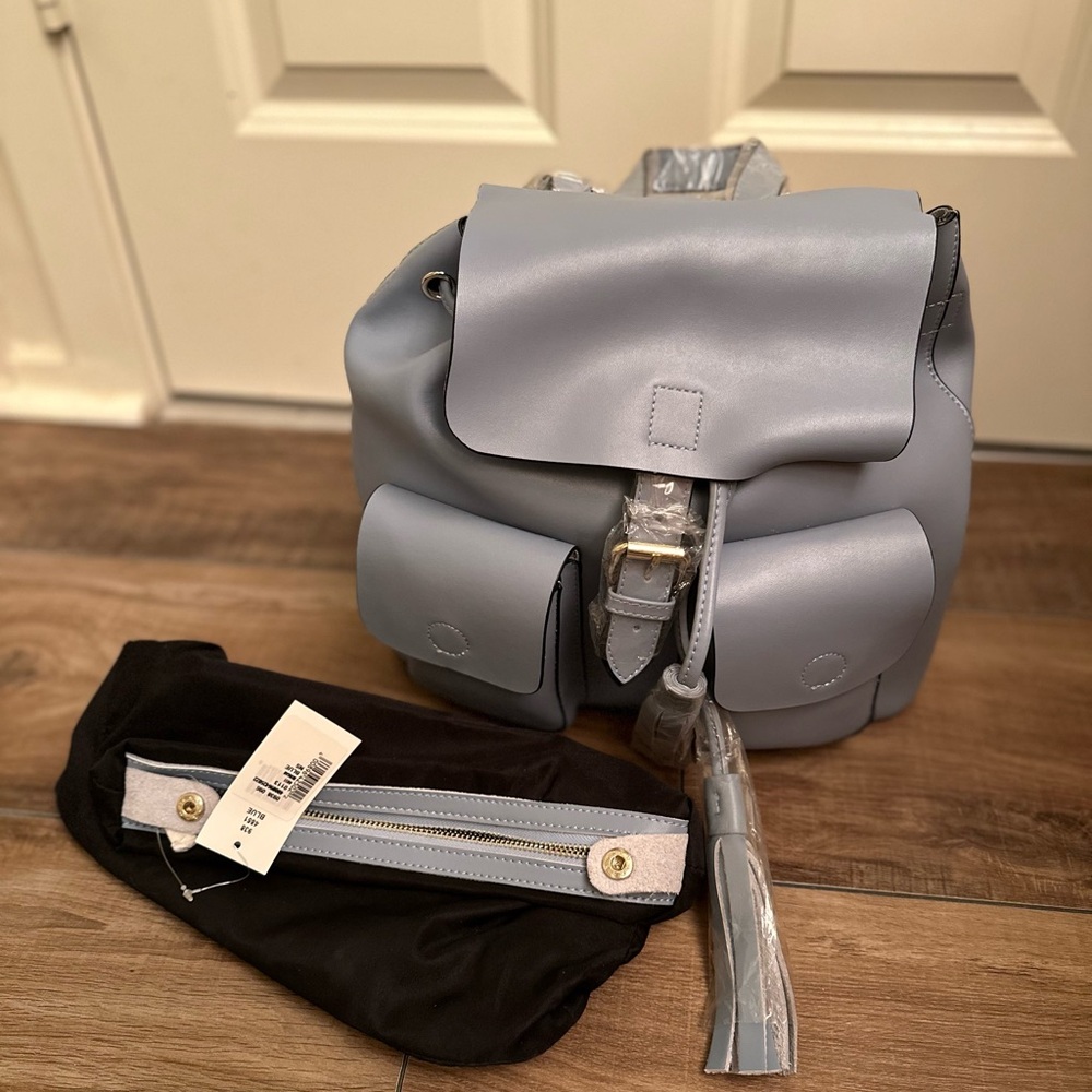 Blue Backpack with Drawstring Closure and Silver Accents - Picture 2 of 4